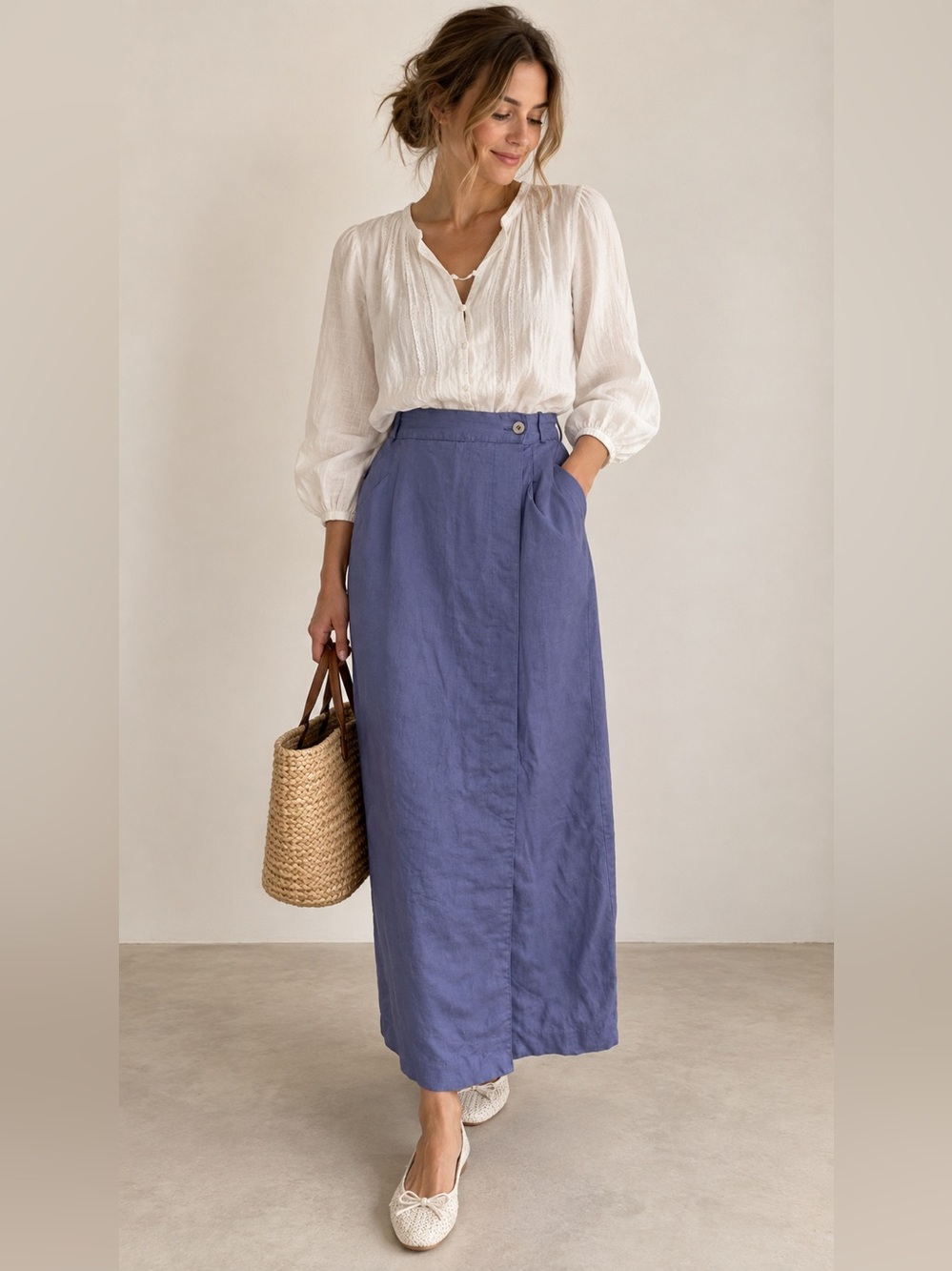 Vtg Laura Ashley Women Linen Midi Skirt in Periwinkle Blue sz 4 cottage country